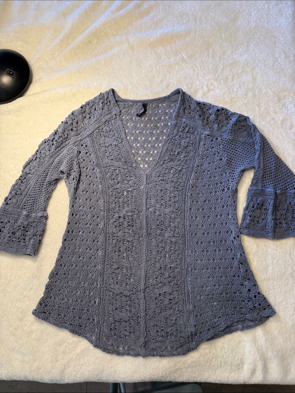 Beautiful XCVI Open Crochet V-Neck Knit Cotton Top in Slate Blue